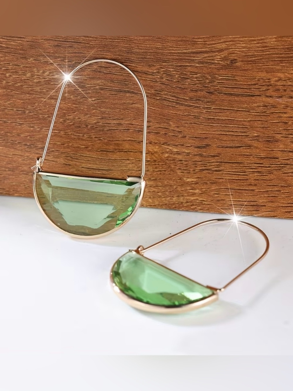 NEW! Luxury Gold Hoop Earrings with Light Green Faceted Stone. A5-182 - Picture 2 of 4